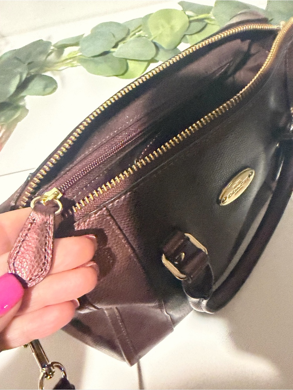 Coach Metallic Burgundy Leather Satchel with Gold Hardware and Detachable Strap - Picture 8 of 13